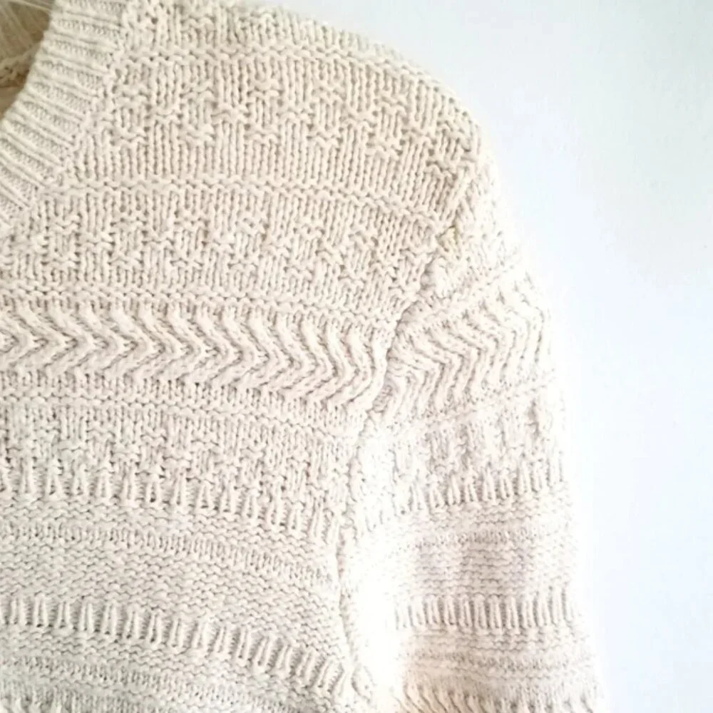 Kate Spade Womens Medium Beige Cotton Chunky Knit Sweater Pompom Hem Crewneck